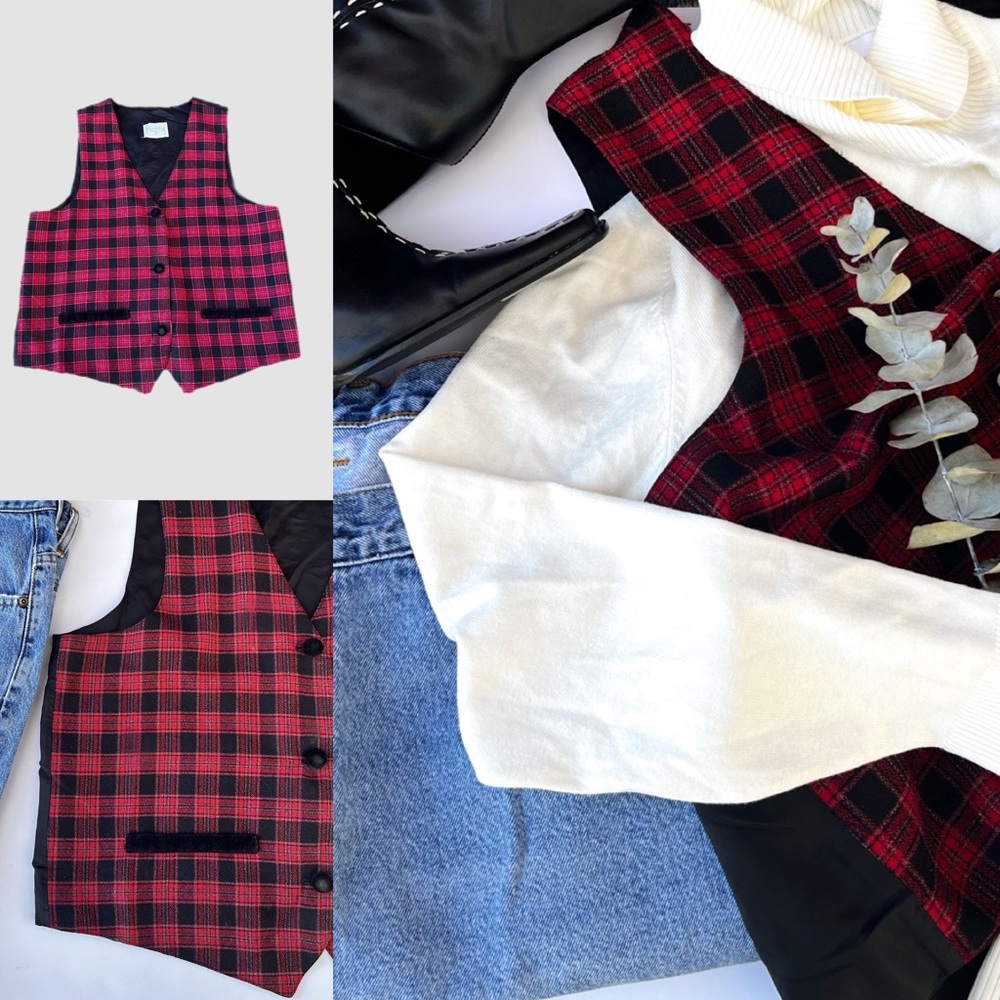 Vintage 80s/90s Red Plaid‎ Tartan Waistcoat Button Front Vest Holidays Christmas